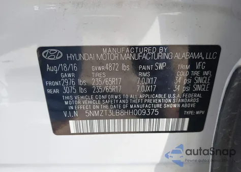 2017 Hyundai Santa Fe Sport 2.4L из США, поврежденный, VIN 5NMZT3LB8HH009375